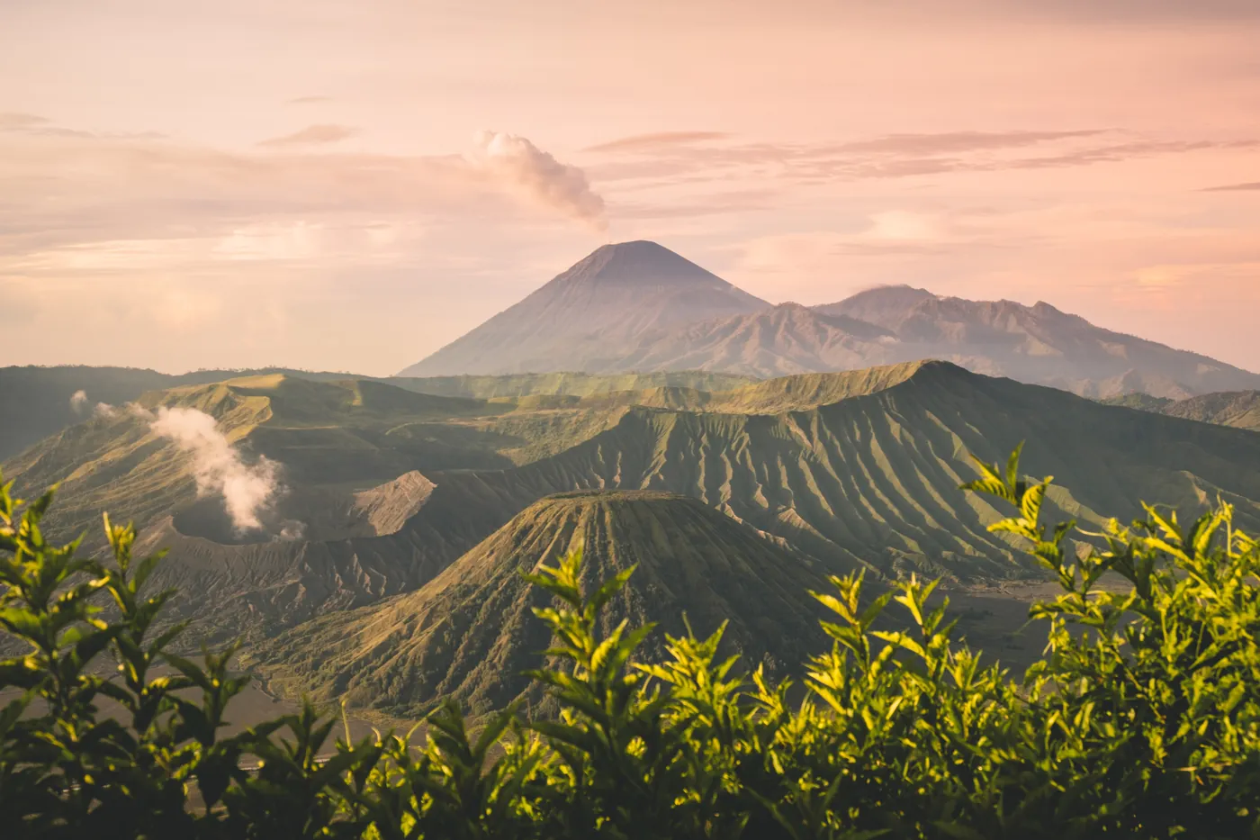 Panorama hijau kaldera dan pegunungan di kawasan Bromo